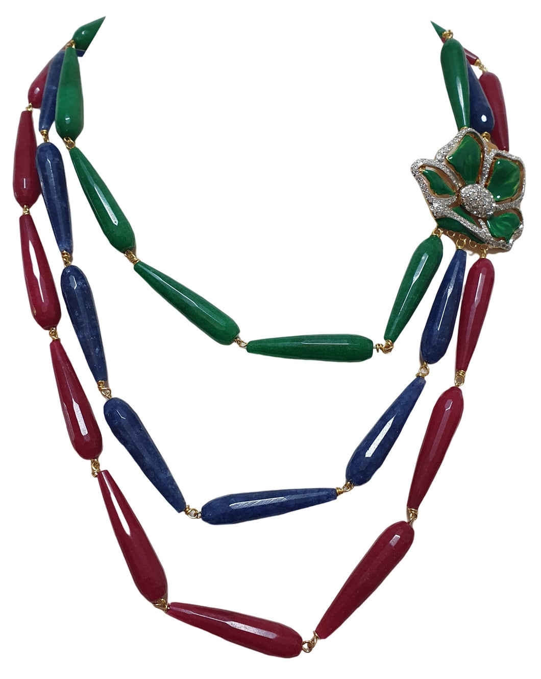 Collana tre fili incatenata multicolore con agate sfaccettate