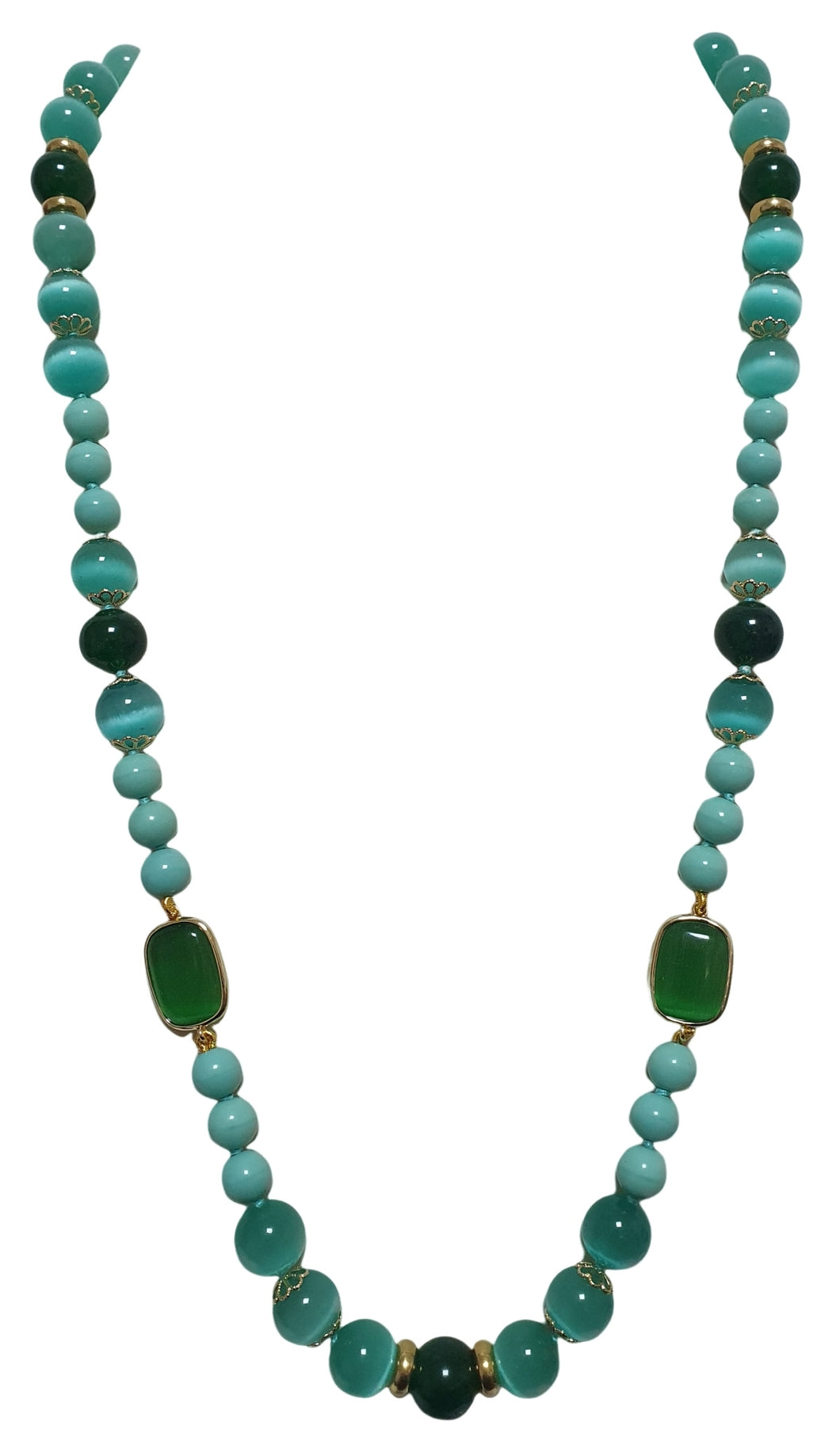 Collana a nodi con cristalli verdi perle e vetro multicolore
