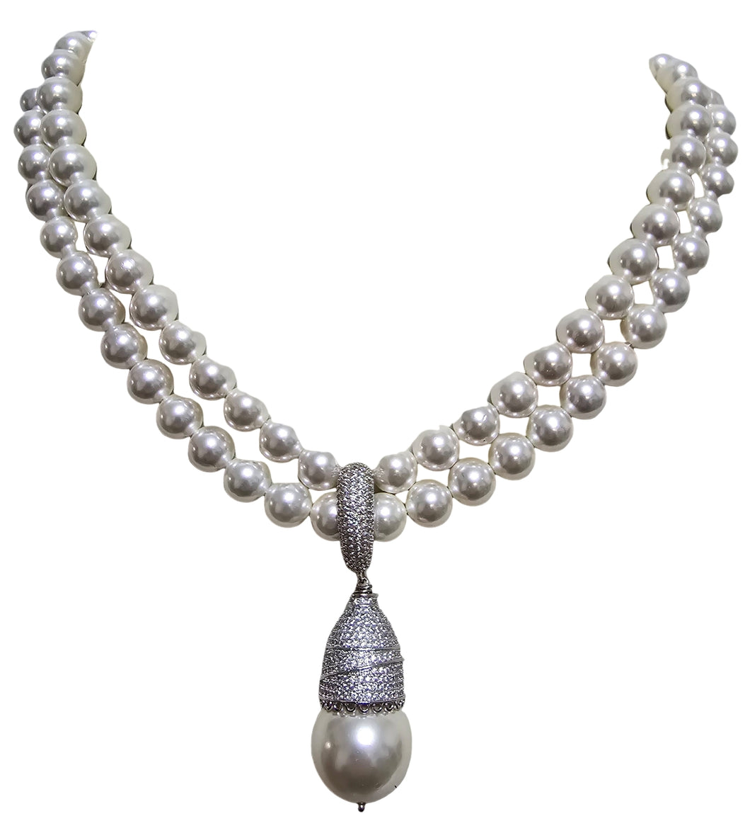 Collana due fili perla con centrale zirconi