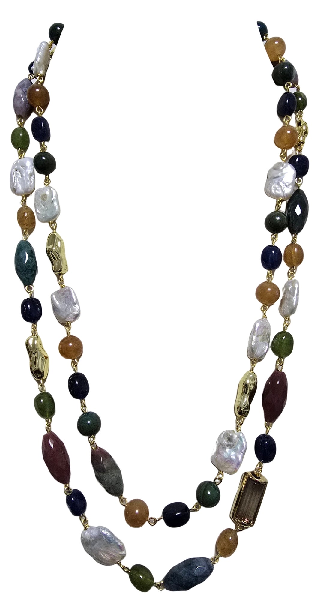 Collana due fili agate cristalli ed elementi oro