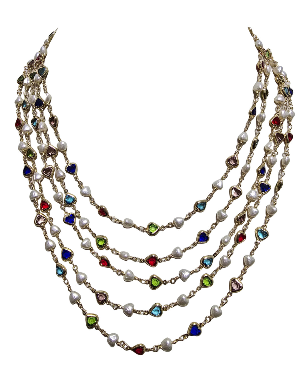 Collana cinque fili oro cuori mulitcolore