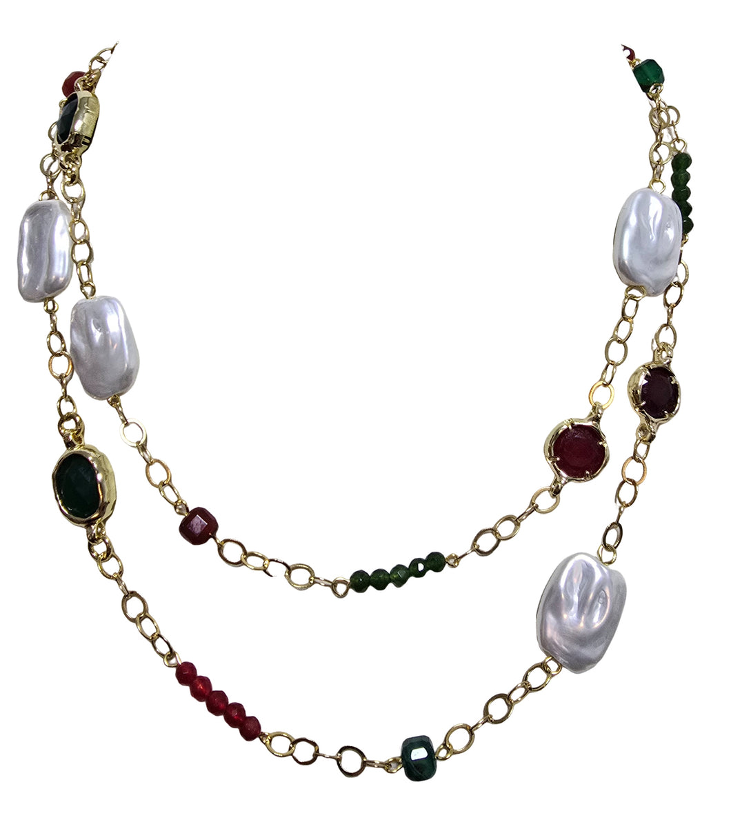 Hand-inserted necklace with lapis and amber balls