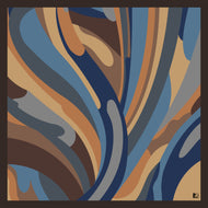 Foulard in seta L'OFFICIEL motivo astratto fluido blu e cammello | Design Laura Fabbri 90x90