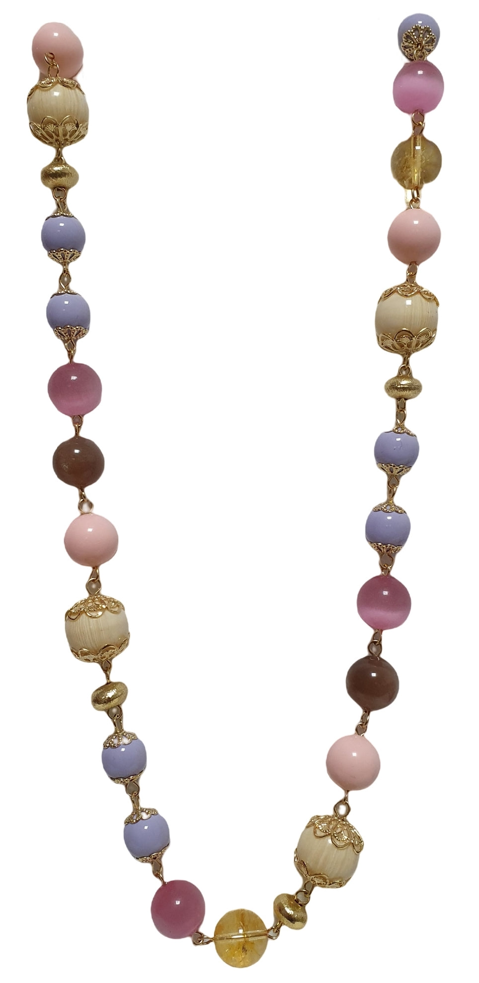 Collana incatenata con perle e mezzi cristallo multicolore