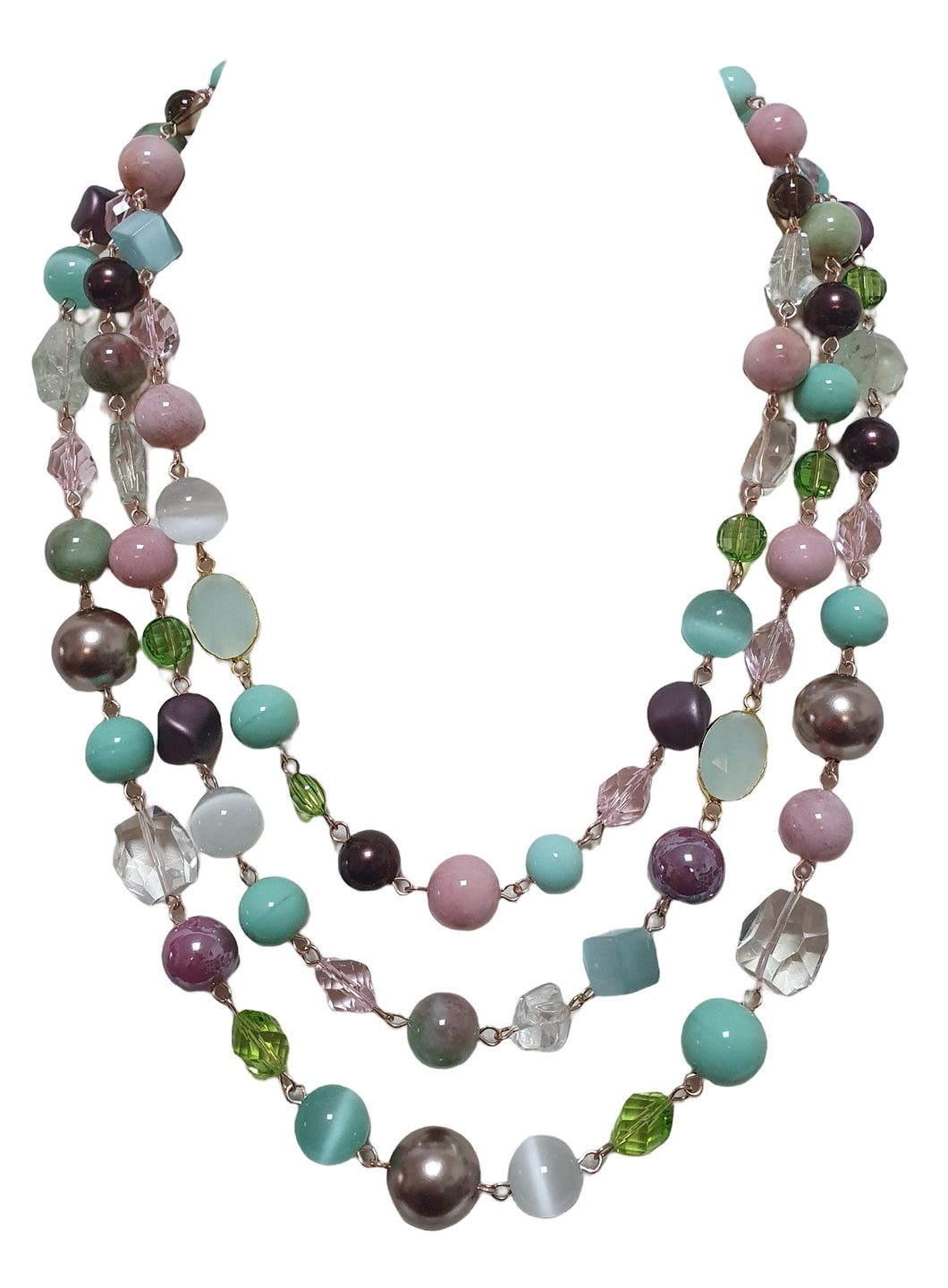 Gold necklace with pink and green elements